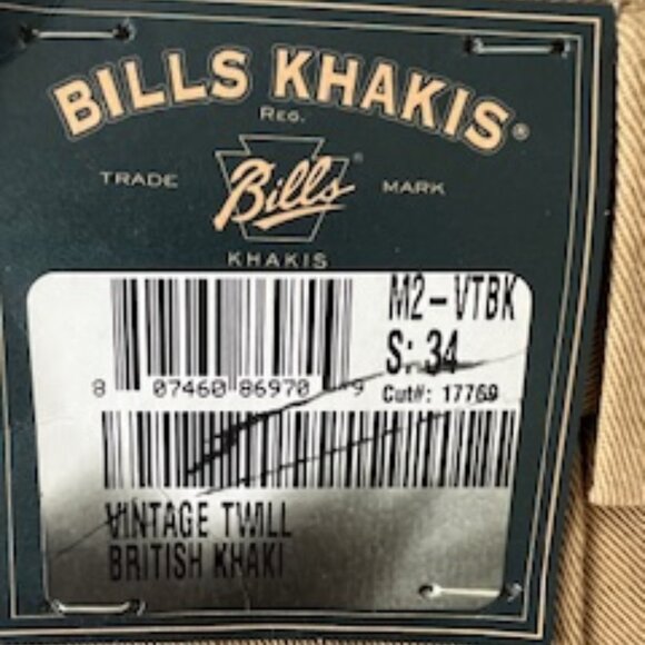 Bill's Khakis - M2- Vintage Twill - Men 34 / UNHEMMED - NEW WITH TAGS - Picture 2 of 9